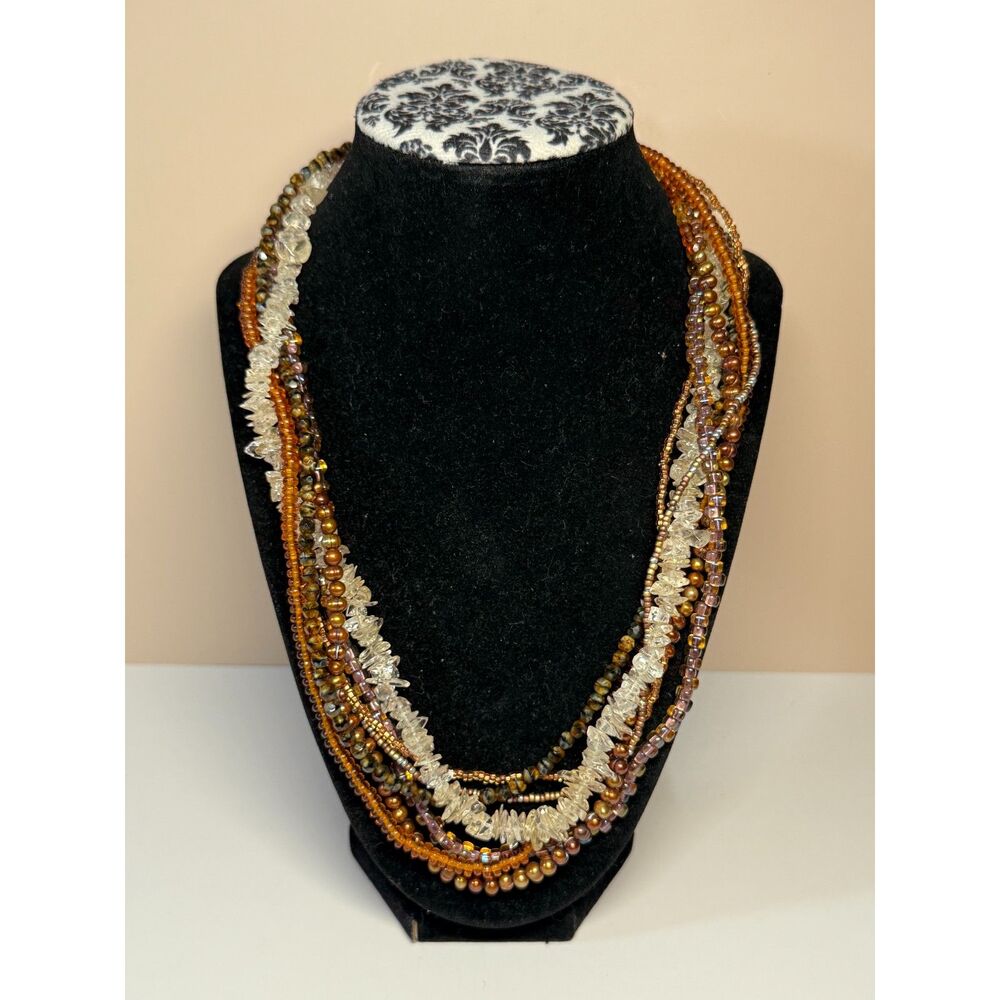 Vintage Multi Strand Bead Necklace Amber Crystal 35" Adjustable